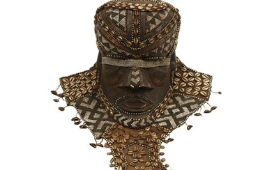 African Wood and Cloth Mask with Beads and Shells.