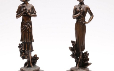 After Moureau Male And Female Bronze Figures On Turned Marble Bases H: 27cm