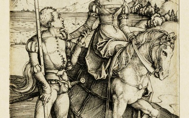 Albrecht Drer (Norimberga,, 1471 - 1528), Dama a cavallo e lanzichenecco. 1497 ca. [tiratura tarda].