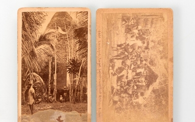 Allan Hughan (1834-1883). Deux photographies de groupes d’hommes à l’entrée de villages, Nouvelle-Calédonie. Épreuves albuminées...