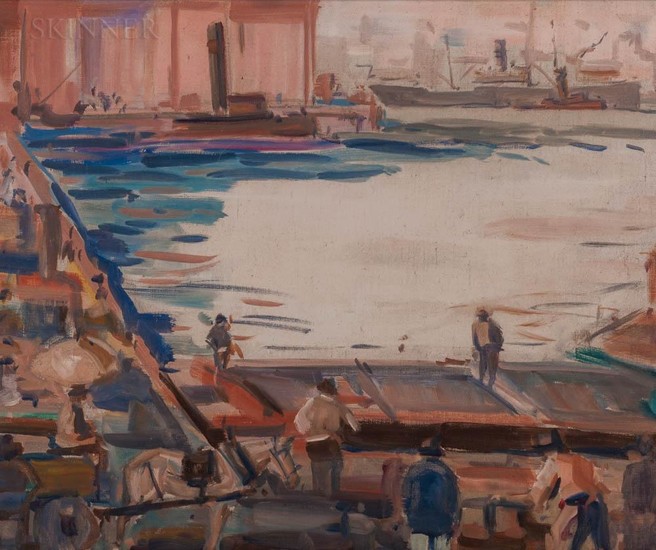 American School, 20th Century Oil Sketch of an Urban Wharf.