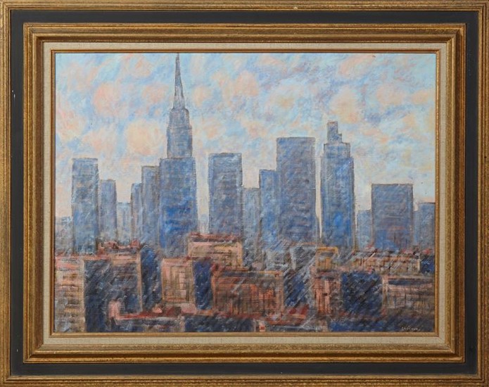 American School, "New York Skyline," 20th c., oil on