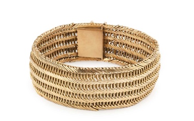 An 18ct gold mesh link bracelet, with chevron and baton...