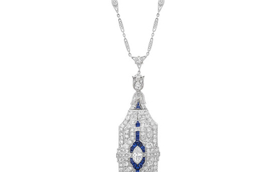 An Art Deco Sapphire, Diamond and Platinum Brooch/Pendant Necklace, circa 1920