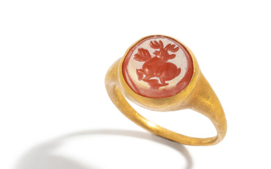 An Eastern Roman Gold and Carnelian Finger Ring with a Stag