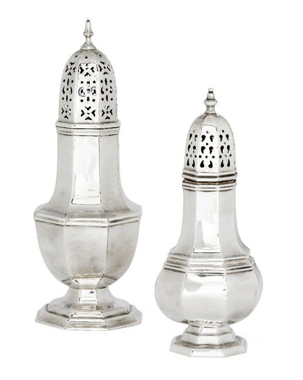 An Edwardian silver sugar caster, London, c.1905, Horace Woodward & Co., of octagonal baluster form with pierced, domed cap, 21cm high, together with a smaller silver plated example, and silver plated example of similar design, 17cm high, weighable...