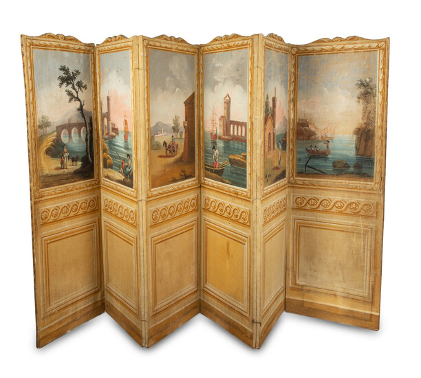 An Italian Six-Panel Painted Canvas Floor Screen