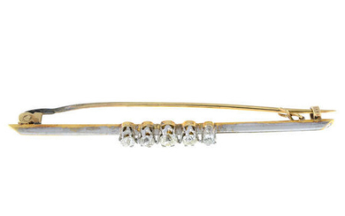 An early 20th century 18ct gold circular-cut diamond five-stone line bar brooch.