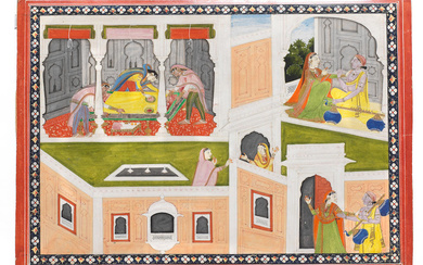 An illustration from a Madhavanala-Kamakandala series, depicting Madhavanala the musician...