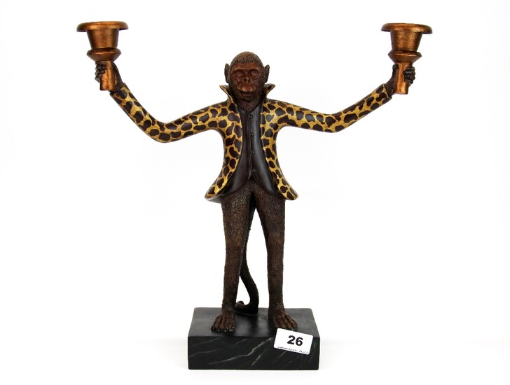 An interesting 'Bill Huebbe' style monkey composition candlestick, H. 36cm.