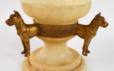 Antique Alabaster Compote With Three Gilt Dogs
