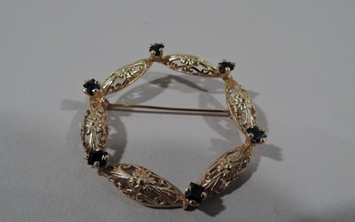 Antique Brooch - Wreath Pin - American 14K Yellow Gold & Sapphire - C 1930s