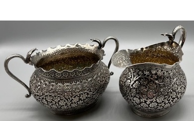Antique Colonial Indian silver cream jug and sugar bowl, des...