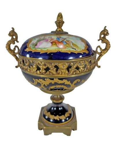 Antique French porcelain & bronze lided bowl