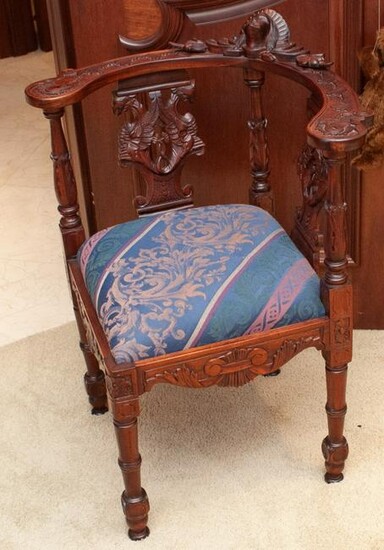 Antique Mahogany Corner Chair W/Upholstered Seat