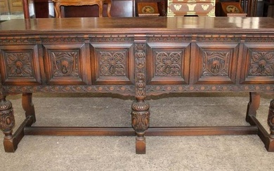 Antique oak Jacobean style highly carved 6 door buffet with fitted interior