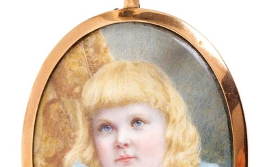 Antique portrait miniature on ivory depicting a child with blonde hair and blue eyes, in an oval gold double-sided frame, 75mm.