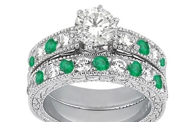 Antique style Diamond and Emerald Bridal Set 14k White Gold 1.75ctw