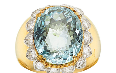 Aquamarine, Diamond, Gold Ring Stones: Oval-shaped aquamarine weighing approximately...