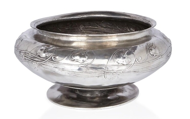 Archibald Knox (1864-1933) for Liberty & Co, Large Tudric pedestal bowl or planter with foliate pattern in relief, circa 1905, Pewter, Underside stamped 'TUDRIC', '06' AND 'RD 427694', 38cm diameter, 18.5cm high