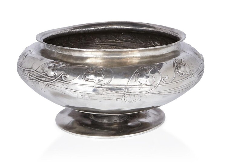 Archibald Knox (1864-1933) for Liberty & Co, Large Tudric pedestal bowl or planter with foliate pattern in relief, circa 1905, Pewter, Underside stamped 'TUDRIC', '06' AND 'RD 427694', 38cm diameter, 18.5cm high