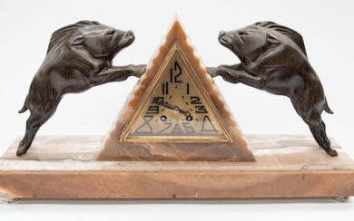 Art Deco marble mantle clock with triangular face with wild...