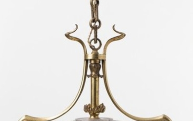 Art nouveau ceiling lamp. Brass frame, three sockets...