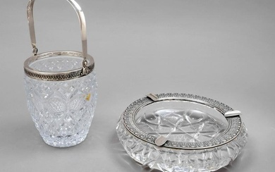 Ashtray and ice box with silver mounts, 20th c., silver 800/000, acanthus leaf decoration, box