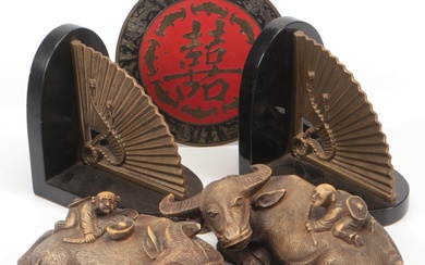 Asian Style Carved Resin Water Buffalo Figurine Pair with Bookends and Plate