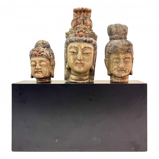 Asian Wooden Buddha Goodness Trio Head Bust w Base