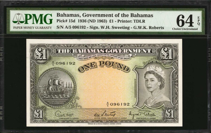 BAHAMAS. Bahamas Government. 1 Pound, 1936 (ND 1963). P-15d. PMG Choice Uncirculated 64 EPQ.