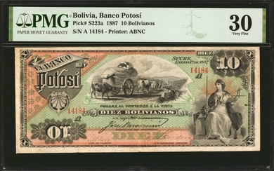 BOLIVIA. El Banco Potosi. 10 Bolivianos, 1887. P-S223a. PMG Very Fine 30.
