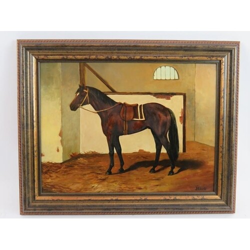 BRAUN (20th Century) - 'Racehorse in a stable' oil on a boar...