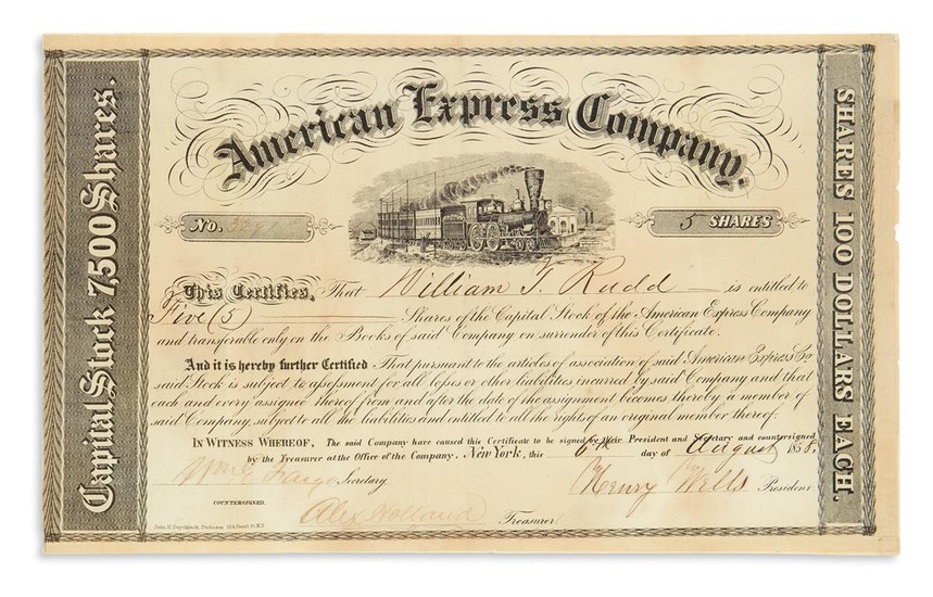 (BUSINESS.) WELLS, HENRY; AND WILLIAM GEORGE FARGO. Partly-printed Document Signed, by both ("Henry...