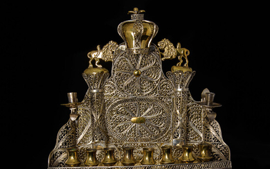 Baal Shem Tov style silver and brass Menorah-Chanukiah, Eastern...