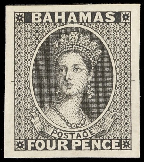 Bahamas 1861 (June)-62, Rough Perforation 14 to 16 Die Proofs 4d. stamp-size in black on card w...