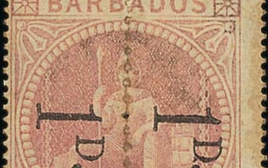 Barbados 1878 (28 Mar.) 1d. on half 5/- dull rose, unsevered pair both with Type 3a surcharge,...