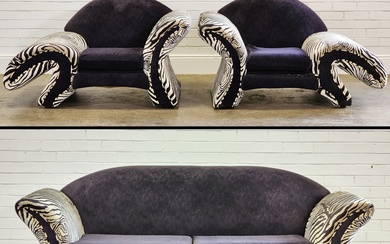 Black & zebra print upholstered three piece lounge suite (some...