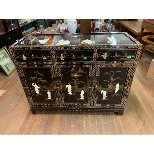 Black lacquer, mother of pearl, oriental, 3 drawer/3 door si...