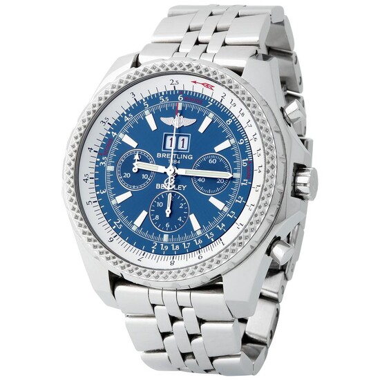 Breitling. Large and Very Rare Bentley Chronograph Wirstwatch in Steel, With Blue Dial, Full-Set