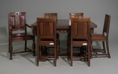 British Carved Oak Draw Leaf Table & 6 Dining Chairs