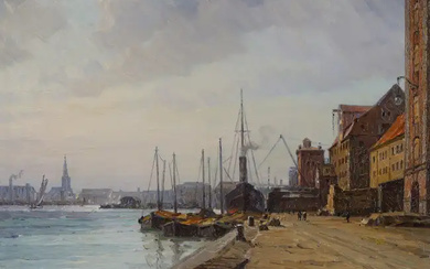 British school, active c.1914 - Harbour scene; oil on canvas, signed with...