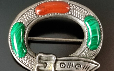 Brooch as a belt, set with malachite and agate, silver 925, around 1930, 11,7g, size 3x2,3cm