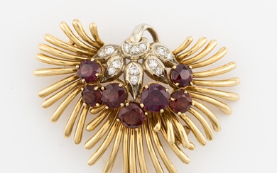 Brooch/pendant in 18K gold with rubies, garnets, and octagon-cut diamonds