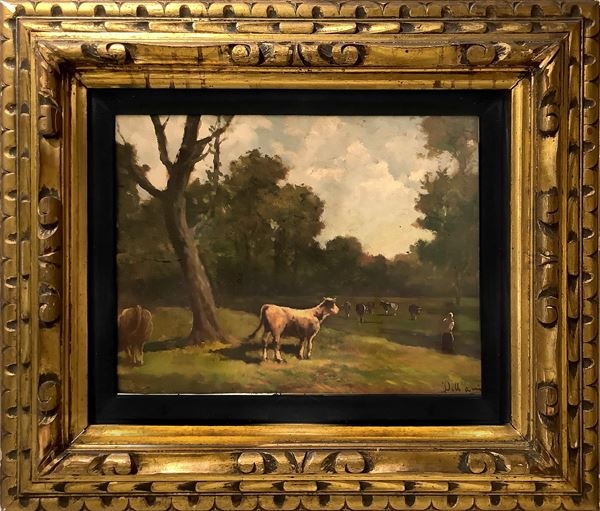 Bucolic scene with cows on landscape, Early 20th century, Lorenzo Delleani (Pollone, 1840 - Torino, 1908)