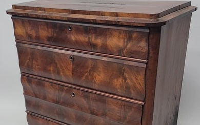 C 1840's Empire Crotch Mahogany 4 drawer Dresser with hand made dovetails on drawers. Hand planed