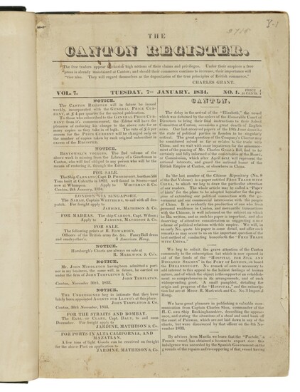CANTON REGISTER | Volume 7, number 1–volume 8, number 52. Canton, China, 7 January 1834–29 December 1835