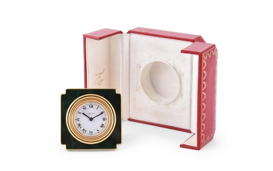 CARTIER, REF. 7512, A BRASS AND GREEN LACQUER DESK ALARM CLOCK