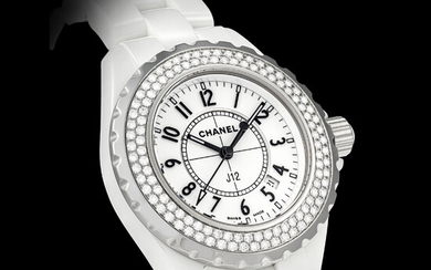 CHANEL. A WHITE CERAMIC AND DIAMOND-SET WRISTWATCH WITH SWEEP CENTRE SECONDS, DATE AND BRACELET J12 MODEL, CIRCA 2003