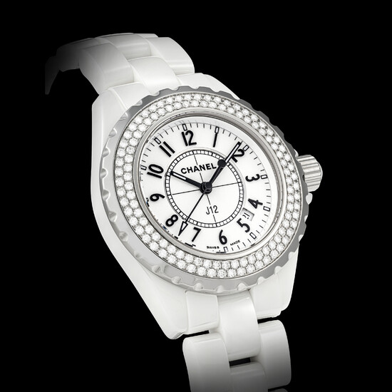 CHANEL. A WHITE CERAMIC AND DIAMOND-SET WRISTWATCH WITH SWEEP CENTRE SECONDS, DATE AND BRACELET J12 MODEL, CIRCA 2003